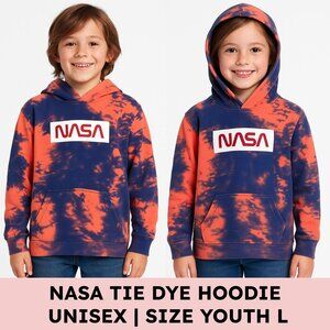 🌌 NASA Tie-Dye Fleece Hoodie — Youth L (12–14) — Coral/Navy — Unisex Boys/Girls